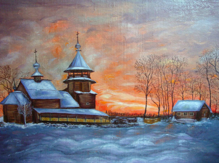 Закат - пейзаж, закат, церковь, храм, зима - оригинал