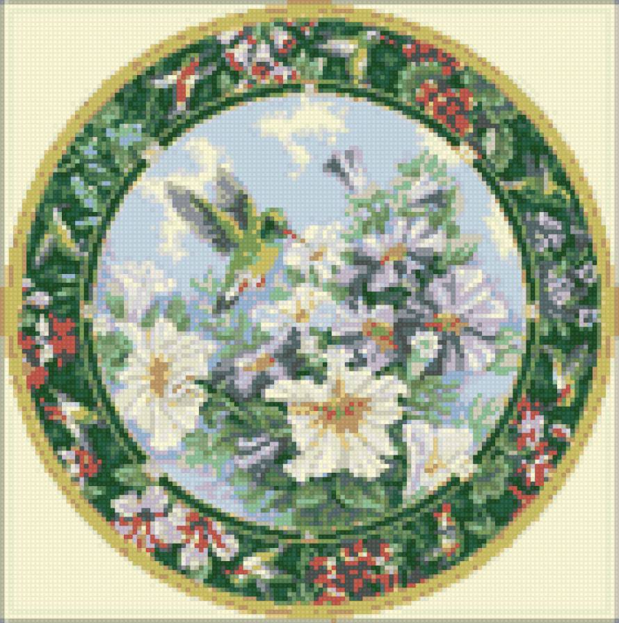 колибри - круг, цветы, колибри, тарелка - предпросмотр