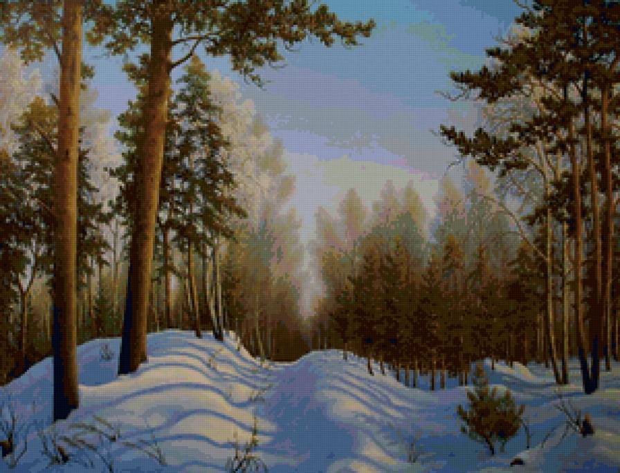 Зима в лесу - прирорда, лес, зима, картина, снег, пейзаж - предпросмотр