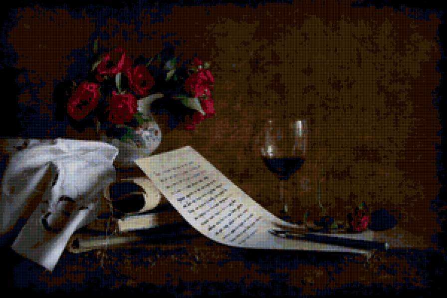 Прощальное письмо - живопись, бокал, розы, уветы, письмо, картина - предпросмотр