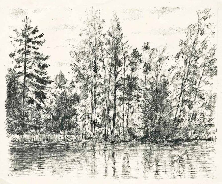 Деревья у озера - пейзаж, картина, живопись, деревья, озеро, лес - оригинал