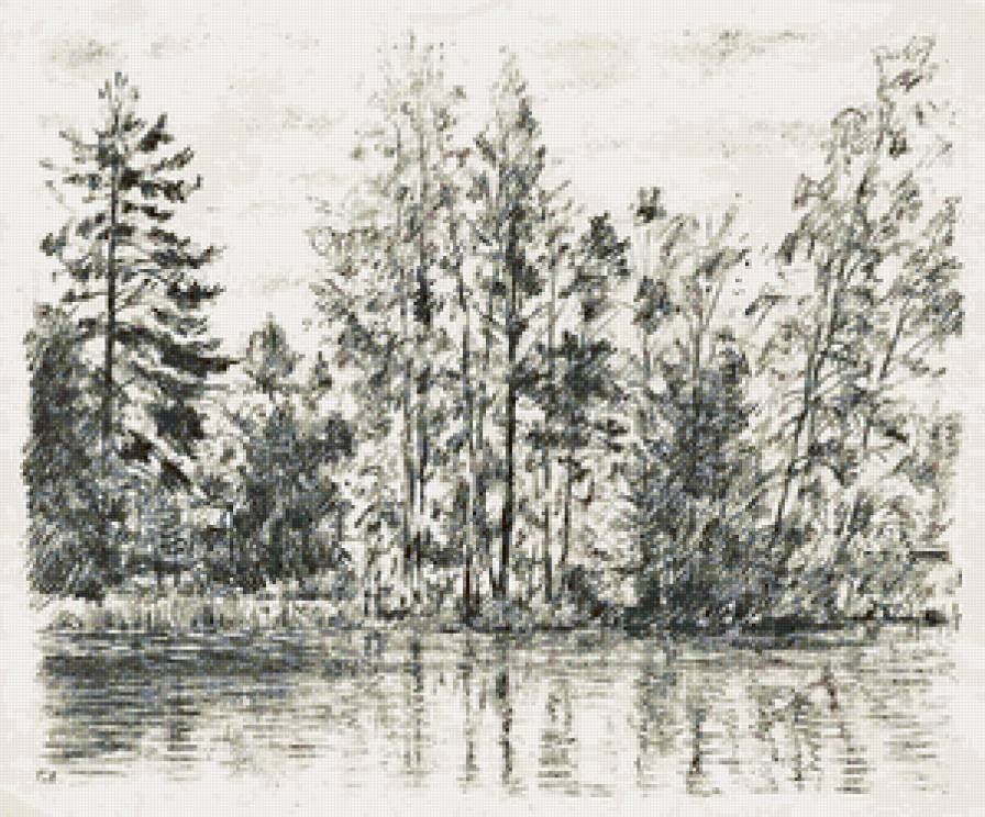 Деревья у озера - живопись, лес, озеро, пейзаж, деревья, картина - предпросмотр