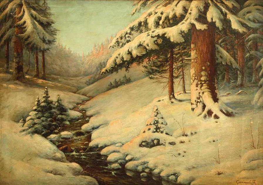 Зимний пейзаж - зима, картина, пейзаж, лес, ели, живопись - оригинал