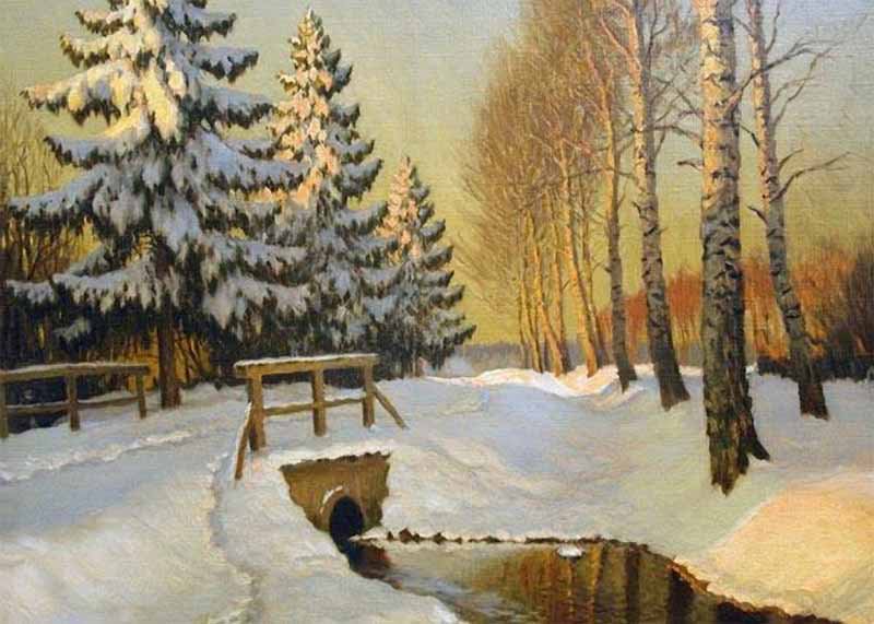 Зимний закат - лес, живопись, ели, березы, зима, картина - оригинал