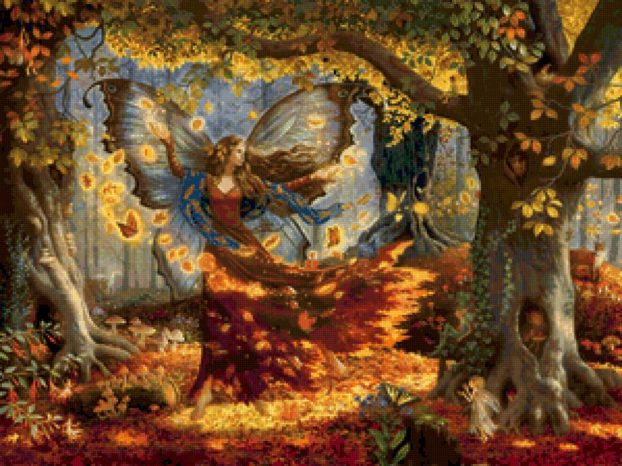 Осенняя фея - сказка, фэнтези, люди, природа, девушка, деревья, бабочка - предпросмотр
