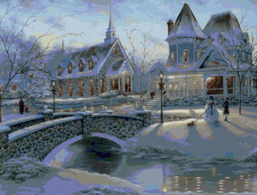 Сказочный городок - речка, вечер, зимний пейзаж, мостик, снеговик, особняк - предпросмотр