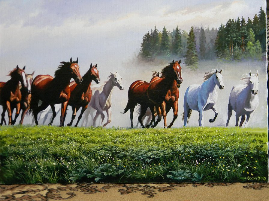 Бег на кануне грозы - пейзаж, лошади, природа - оригинал