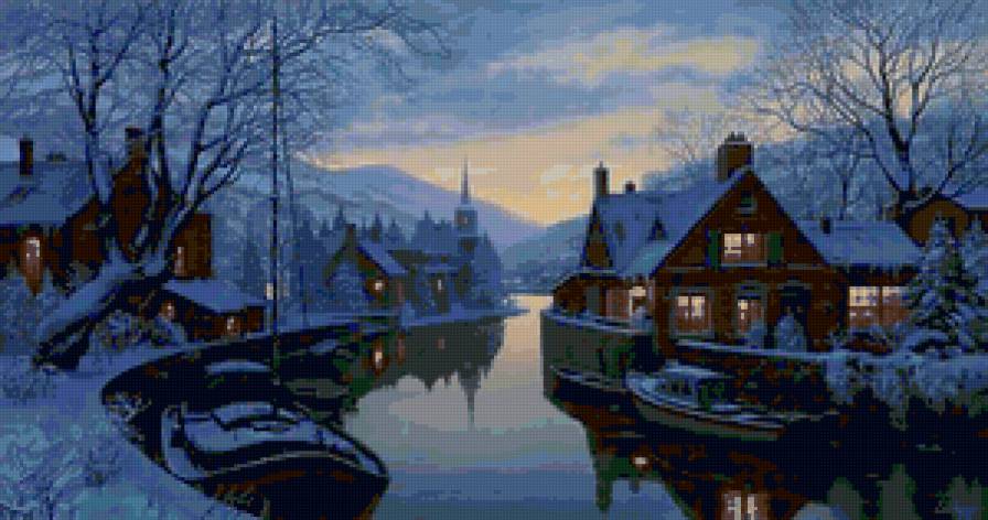Серия "Пейзаж. Зима" - домик, река, пейзаж, корабль, зима - предпросмотр
