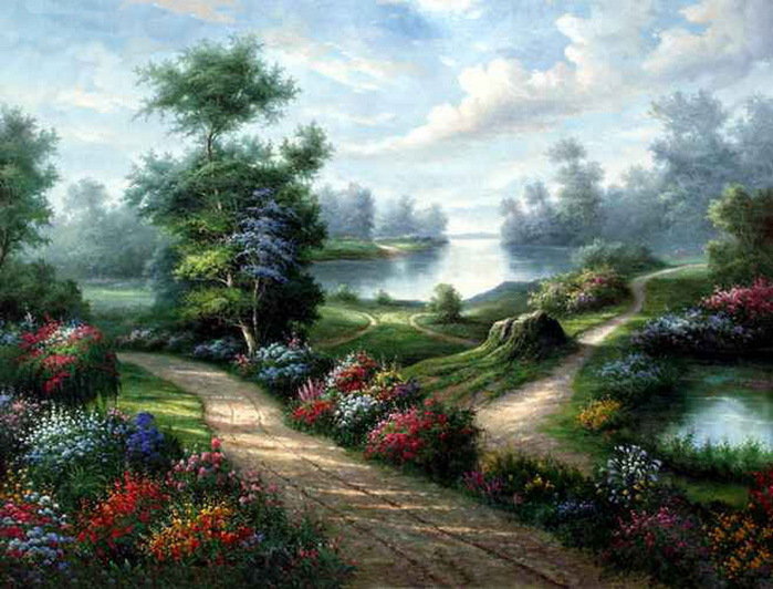 Дорога - цветы, деревья, пейзаж, дорога, природа, водоем - оригинал
