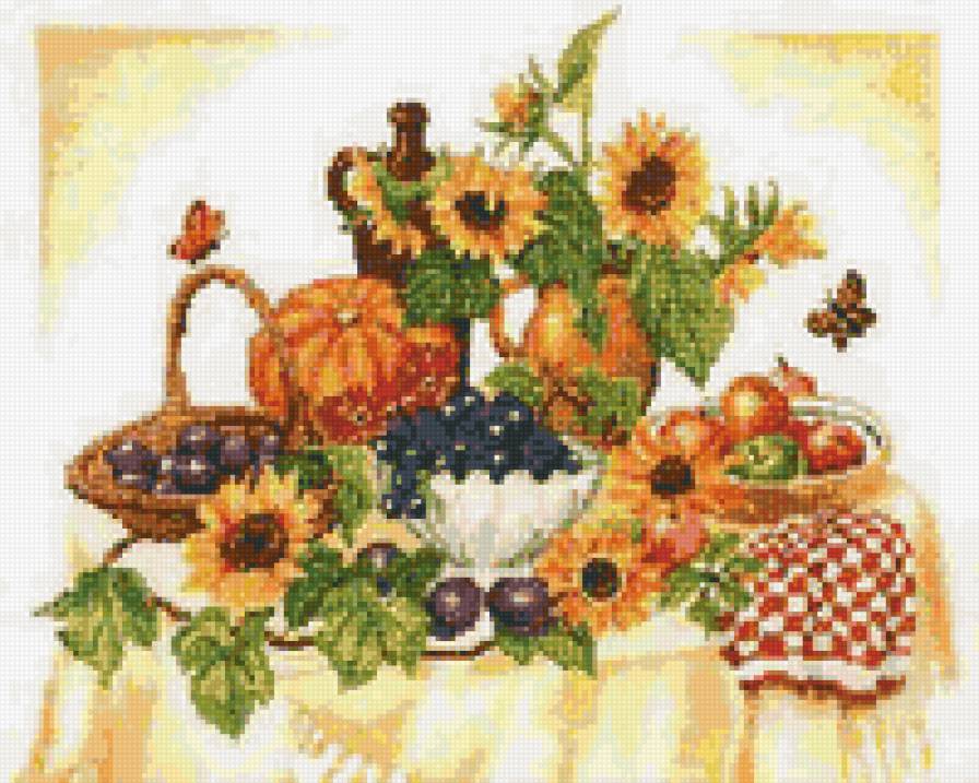 Для кухни - натюрморт, подсолнухи, цветы, фрукты - предпросмотр