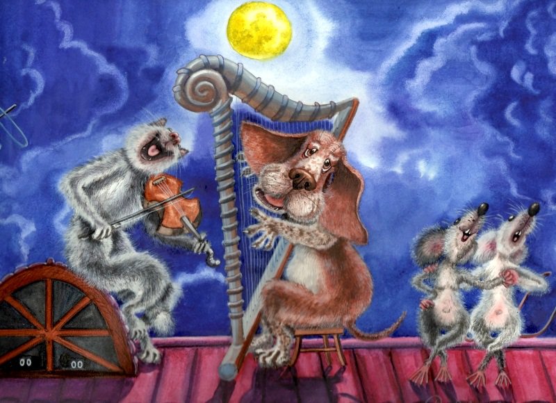 Концерт на крыше - кот, мыши, детское, юмор, рисунок - оригинал