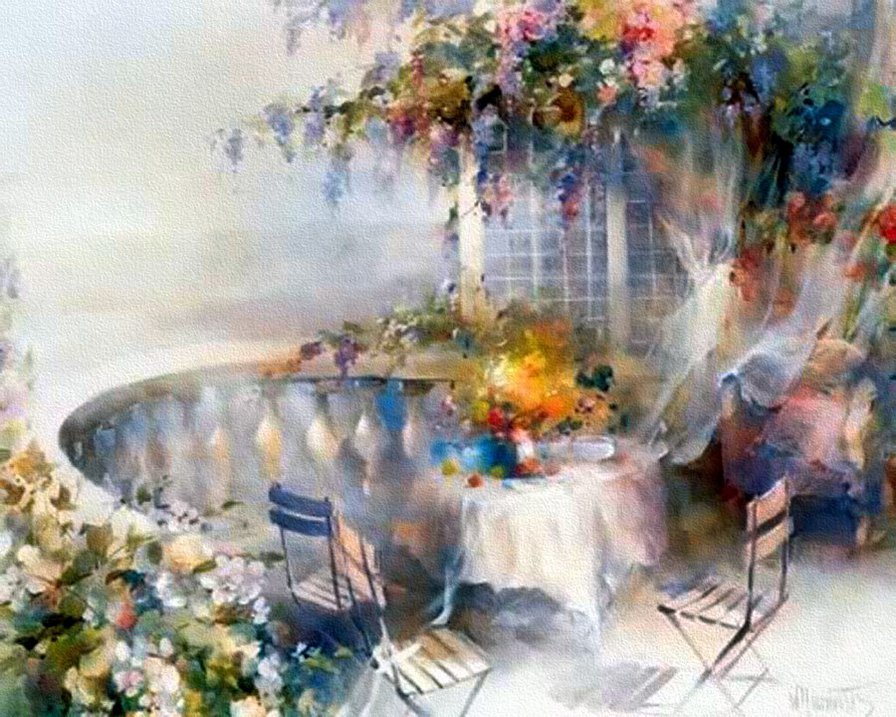 На балконе - терасса, городские виды, интерьер, балкон, дом, цветы - оригинал