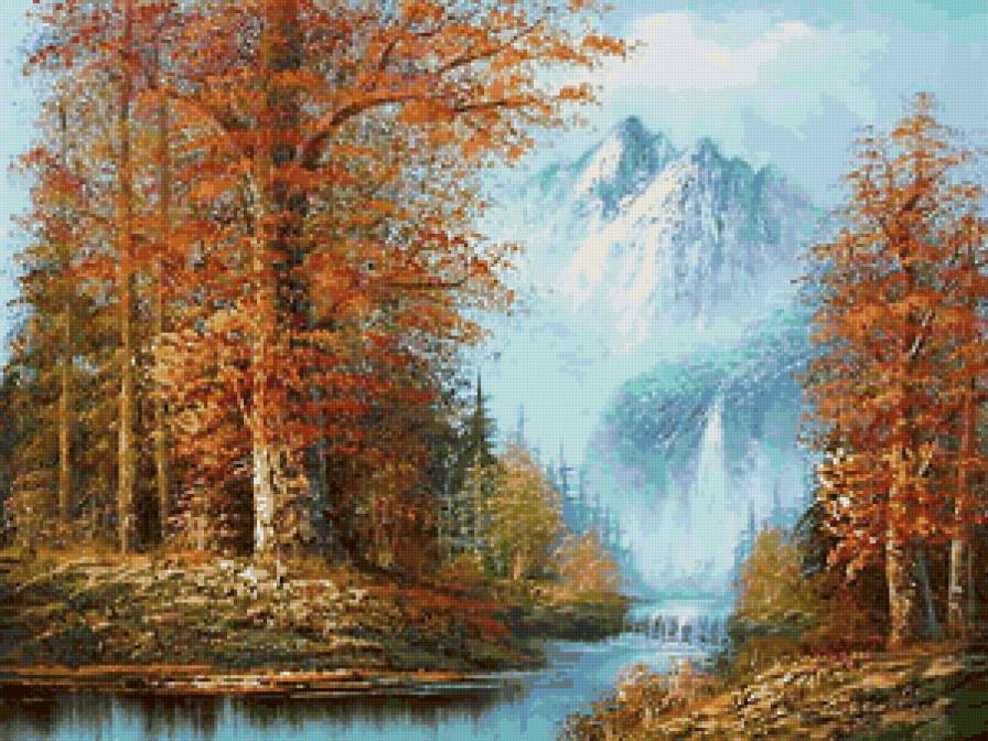 Краски осени - река, живопись, осень, пейзаж, горы, лес, природа, картина - предпросмотр