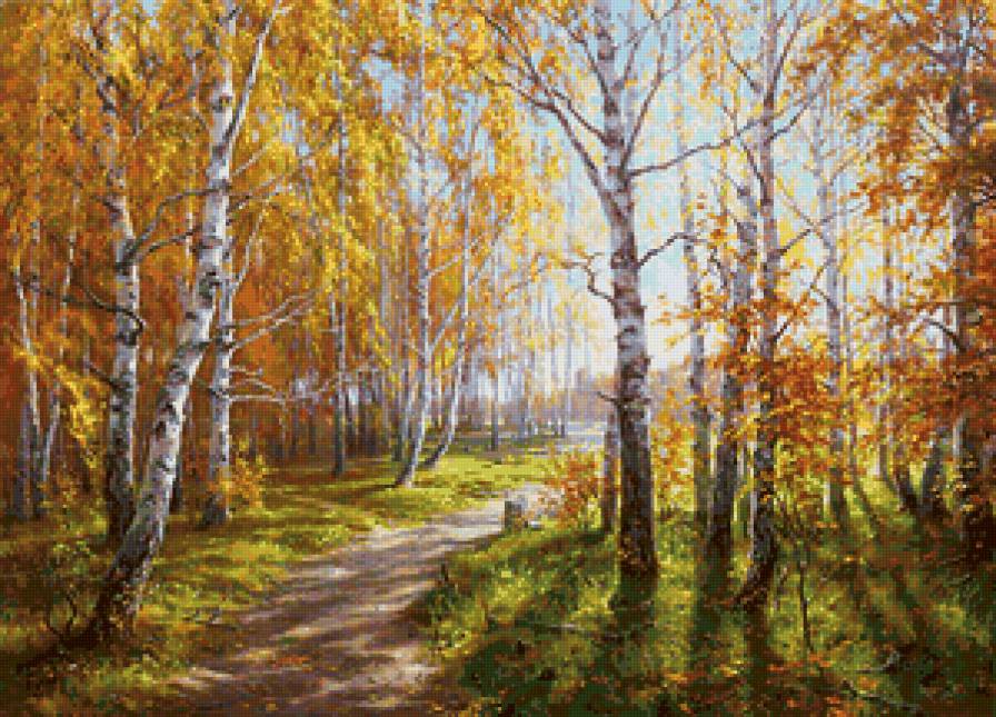 Тропинка в осень - картина, живопись, тропинка, березки, лес, пейзаж, осень - предпросмотр