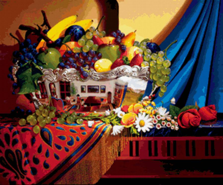 Натюрморт - натюрморт, цветы, фрукты - предпросмотр