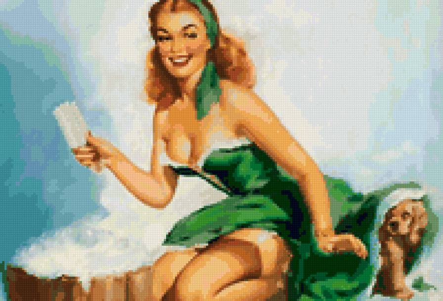 Дама - ретро, платье, расческа, собака - предпросмотр