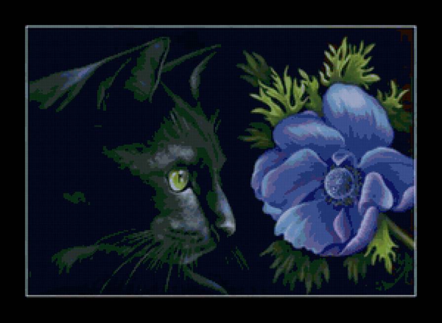 Кот и цветы - животные, монохром, коты, живопись, цветы - предпросмотр