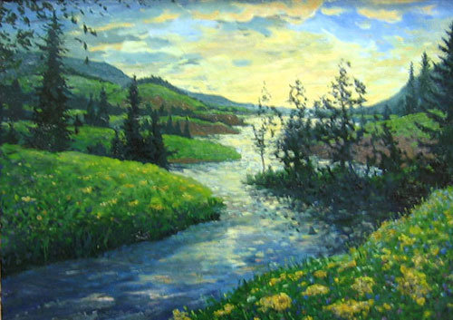 Берега - река, луг, цветы, пейзаж, лето - оригинал