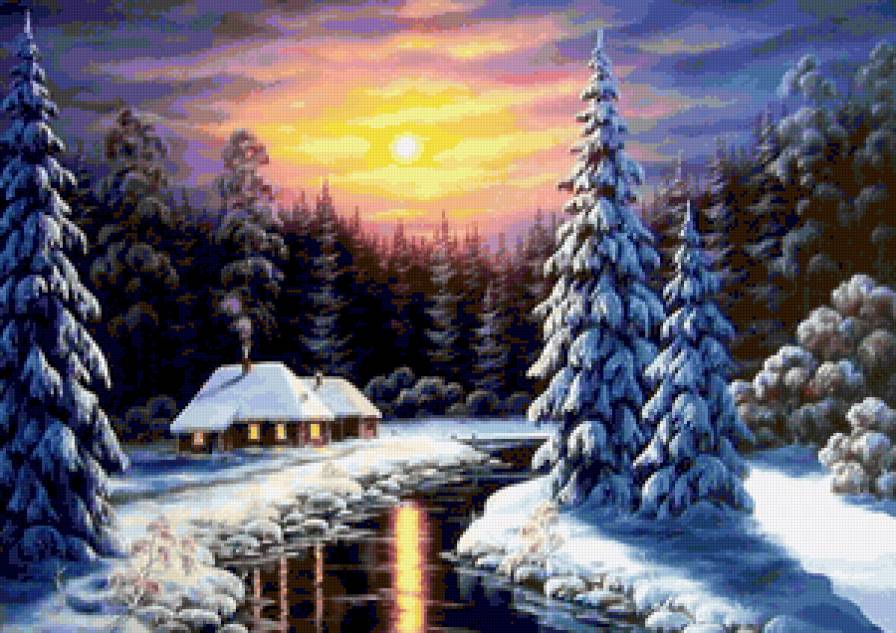 Зимний вечер - картина, пейзаж - предпросмотр
