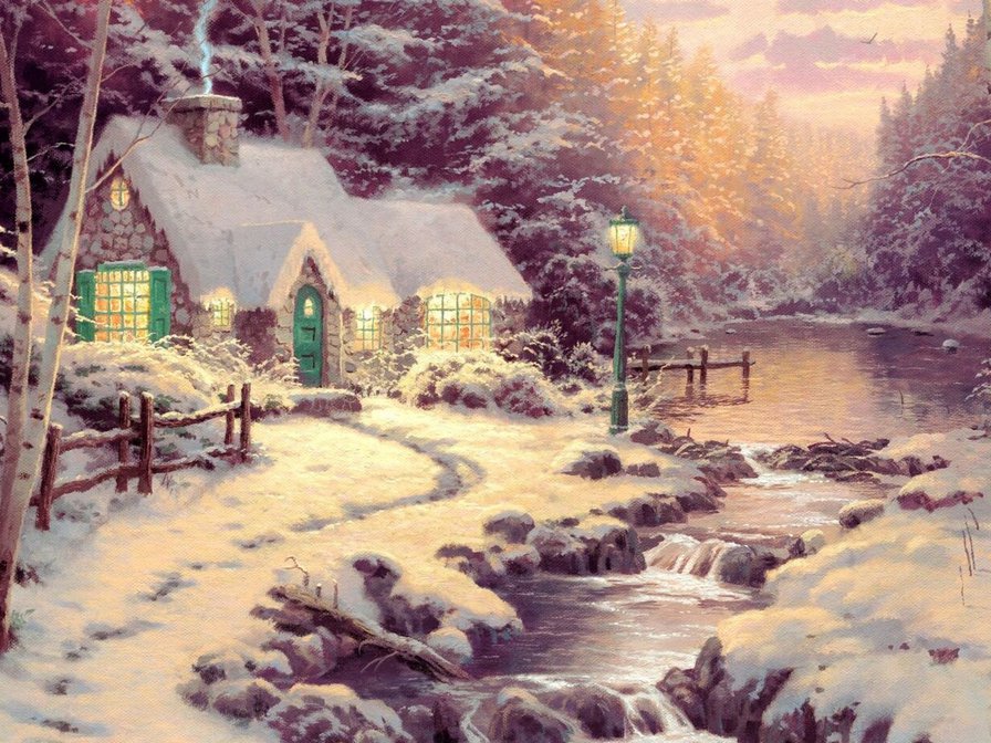 в ночь перед рождеством - картина томаса кинкейда, ночь, домик, зима, речка - оригинал