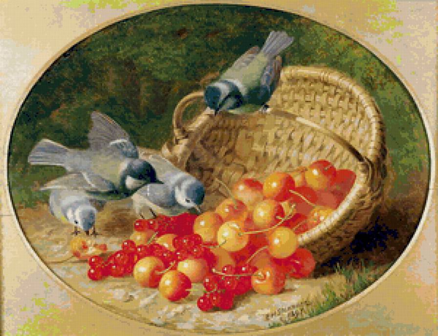 птички и черешня - птички, черешня, ягоды, картина художника - предпросмотр