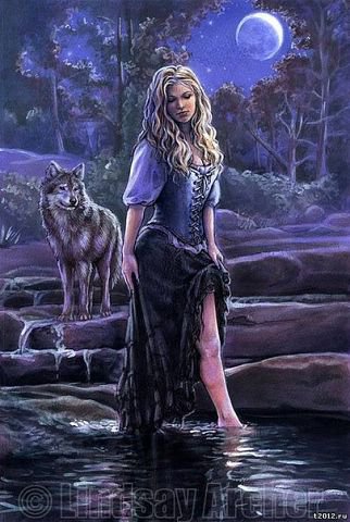 ночная прогулка - девушка, волк - оригинал