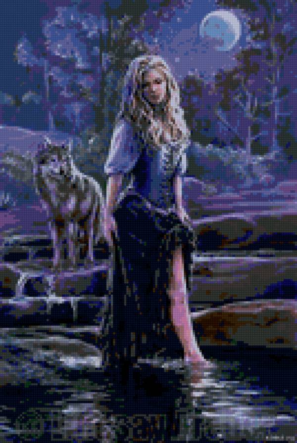 ночная прогулка - девушка, волк - предпросмотр