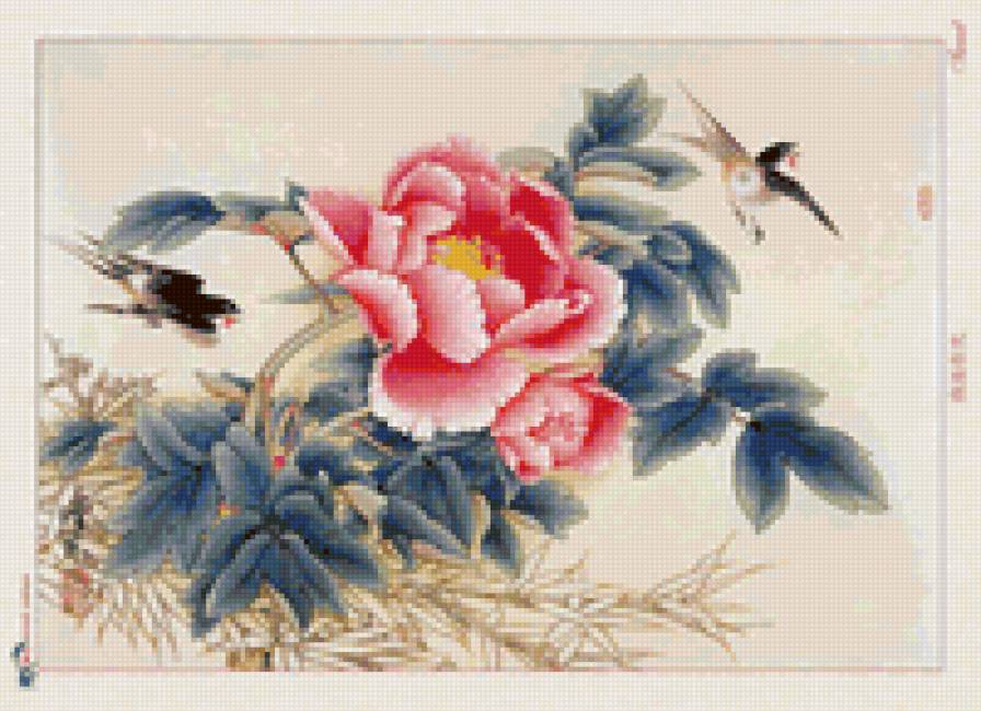 Китайский пион и ласточки - восток, цветы, китай, пион, ласточки, китайская живопись, птицы - предпросмотр