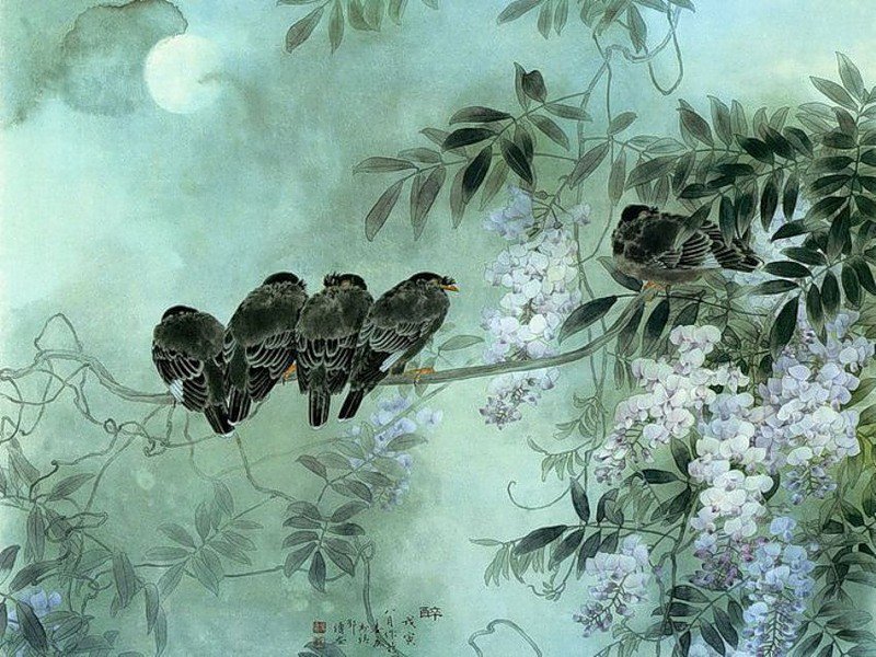 Птицы - птицы, китай, китайская живопись, вороны, дерево, восток - оригинал