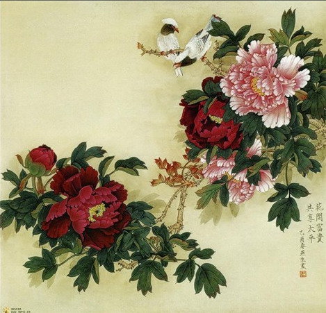 Китайский пион - птицы, цветы, китай, пионы, восток, китайская живопись - оригинал