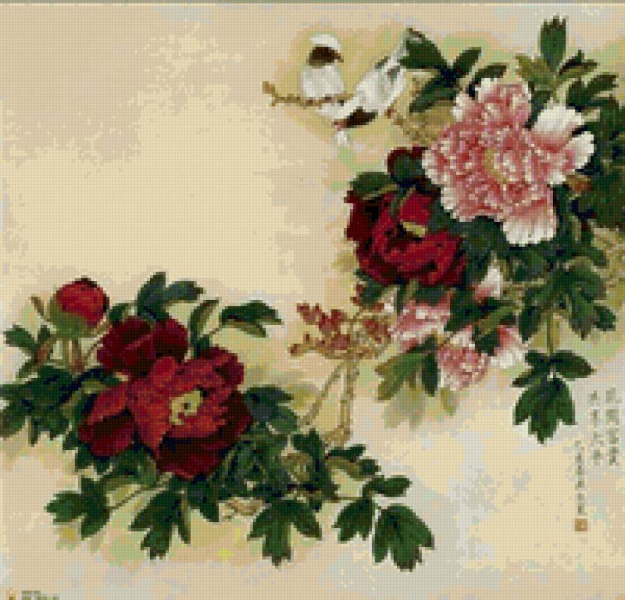 Китайский пион - пионы, птицы, цветы, китай, китайская живопись, восток - предпросмотр