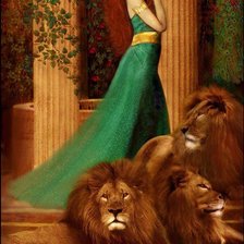 Схема вышивки «девушка и львы»