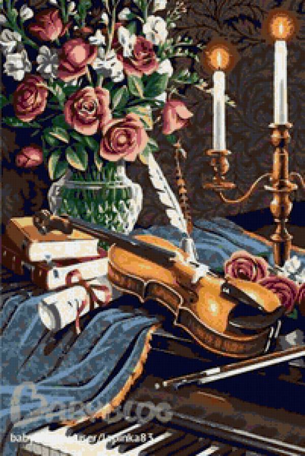 натюрморт - свечи, розы, цветы, скрипка, букет - предпросмотр