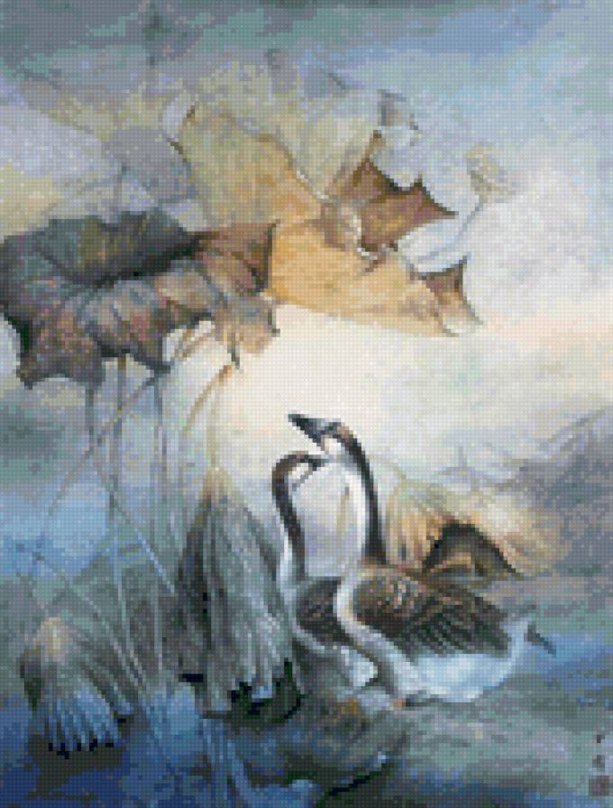 Два лебедя - китай, лебеди, восток, птицы, китайская живопись - предпросмотр