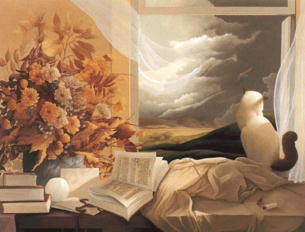 Кошка у окошка - окно, кошка, цветы, дом, интерьер, розы - оригинал