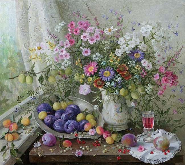 Натюрморт с полевыми цветами - цветы, натюрморт, живопись, ваза, фрукты, букет - оригинал