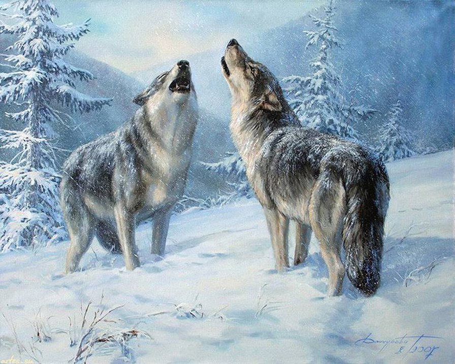 дуэт - природа, картина, зима, красота, живопись, животные, волки - оригинал
