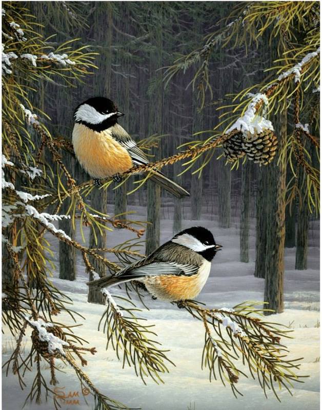 синички - картина, красота, птицы, лес, зима, живопись - оригинал