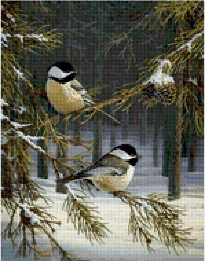 синички - птицы, живопись, лес, красота, зима, картина - предпросмотр