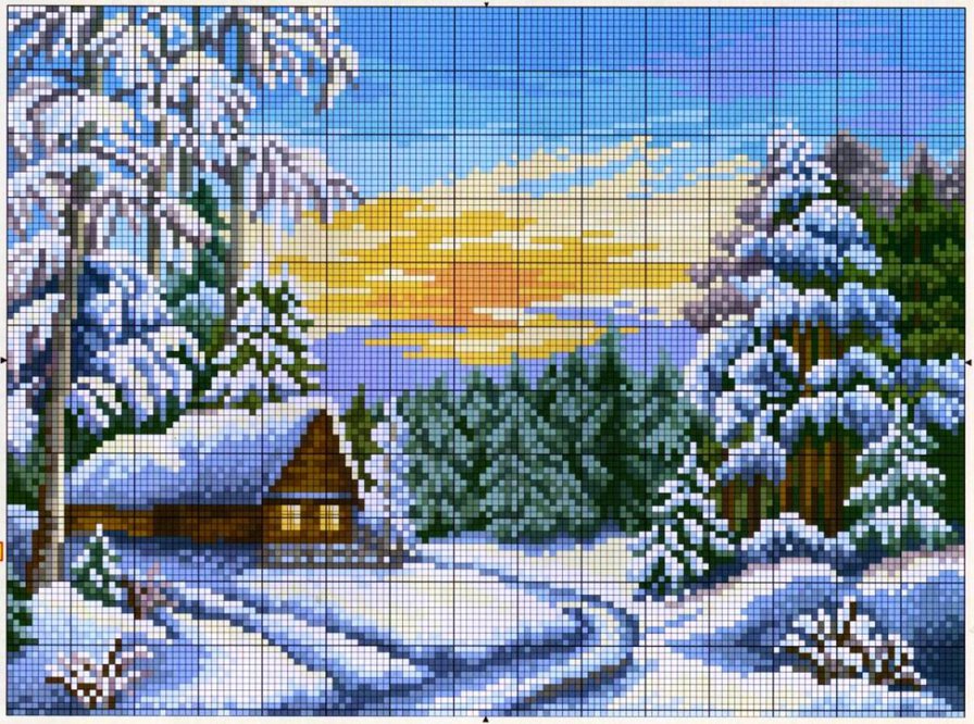 Готовая Схема "Зимний домик" - зимние домики, природа, домики, зима, домик, зимний пейзаж, снег - оригинал