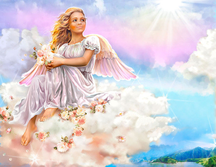 Ангел-хранитель - девушка, ангел, облако, живопись, пейзаж - оригинал