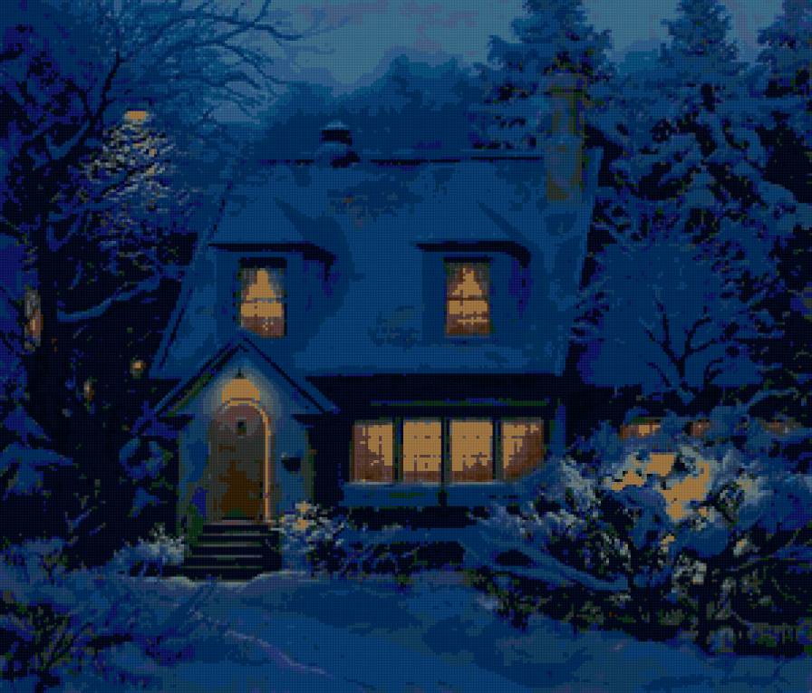 Ночной пейзаж - пейзаж, домик, зима - предпросмотр