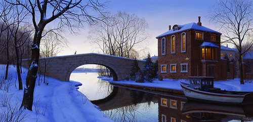 Зимний вечер - домик, мост, зима, пейзаж, река - оригинал