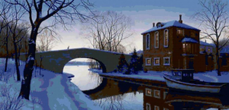 Зимний вечер - пейзаж, мост, зима, река, домик - предпросмотр