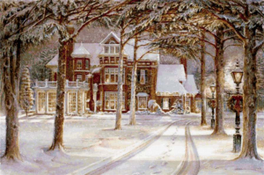 Зимний вечер - пейзаж, живопись, дом - предпросмотр