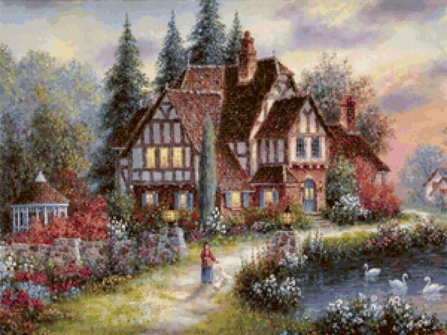 Серия "Пейзажи" - озеро, домик, пейзаж - предпросмотр