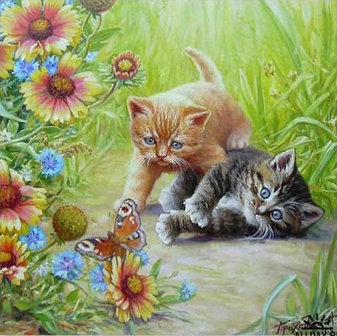 Озорники - коты, животные, живопись, бабочка - оригинал