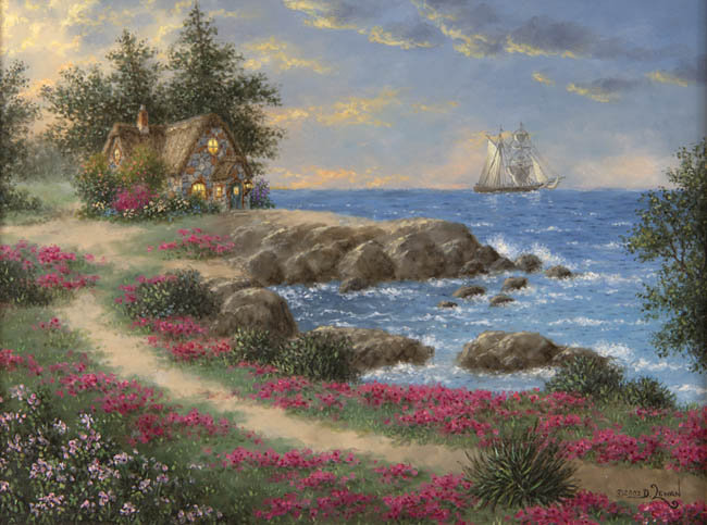 Серия "Пейзажи" - пейзаж, цветы, море, домик, корабли - оригинал