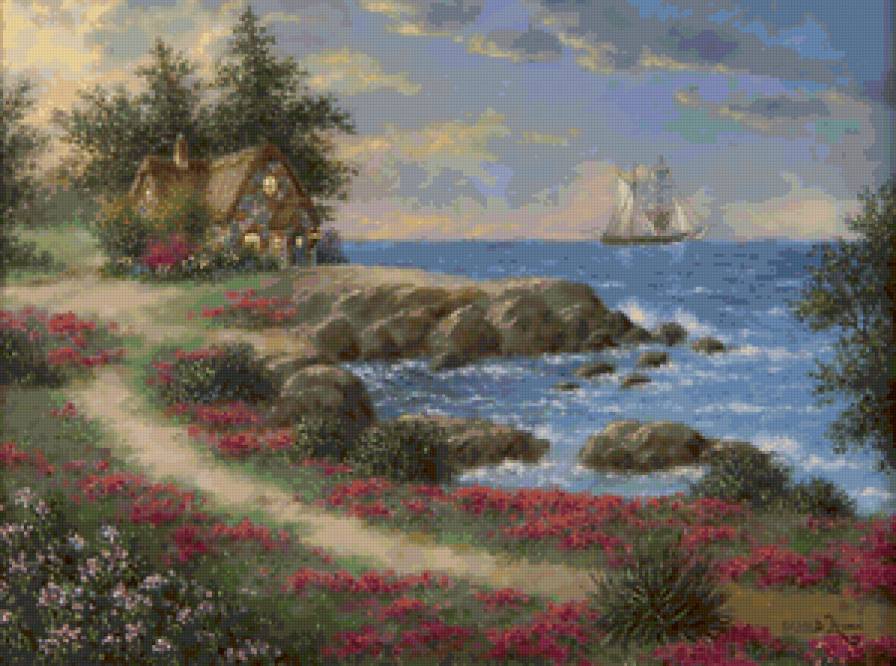 Серия "Пейзажи" - пейзаж, домик, корабли, цветы, море - предпросмотр