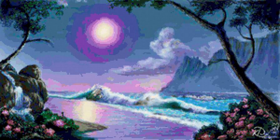 Ночной берег моря - ночь, водопад, цветы, пейзаж, берег, море - предпросмотр